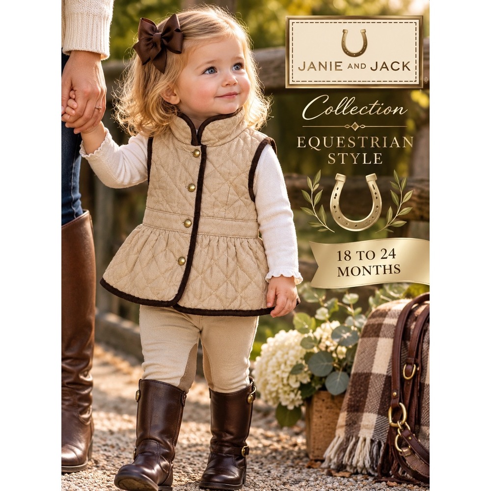 Janie and Jack Quilted Vest 18-24 Months Tan Equestrian Peplum Bow Excellent